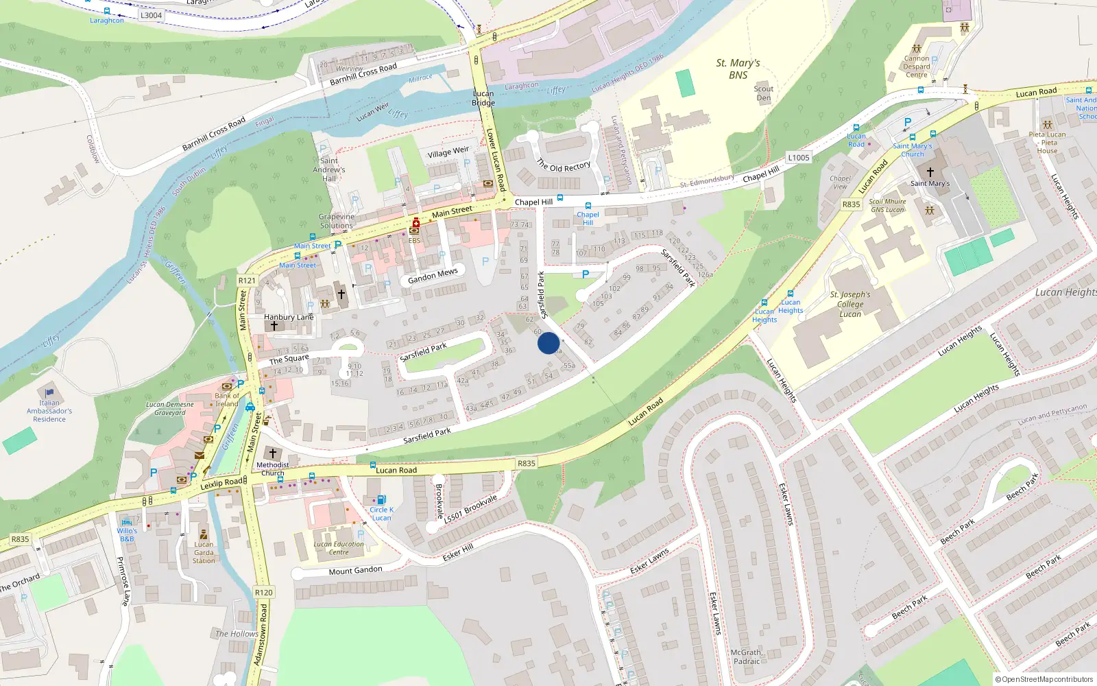 Overhead map showing the location of 57 Sarsfield Park, Lucan