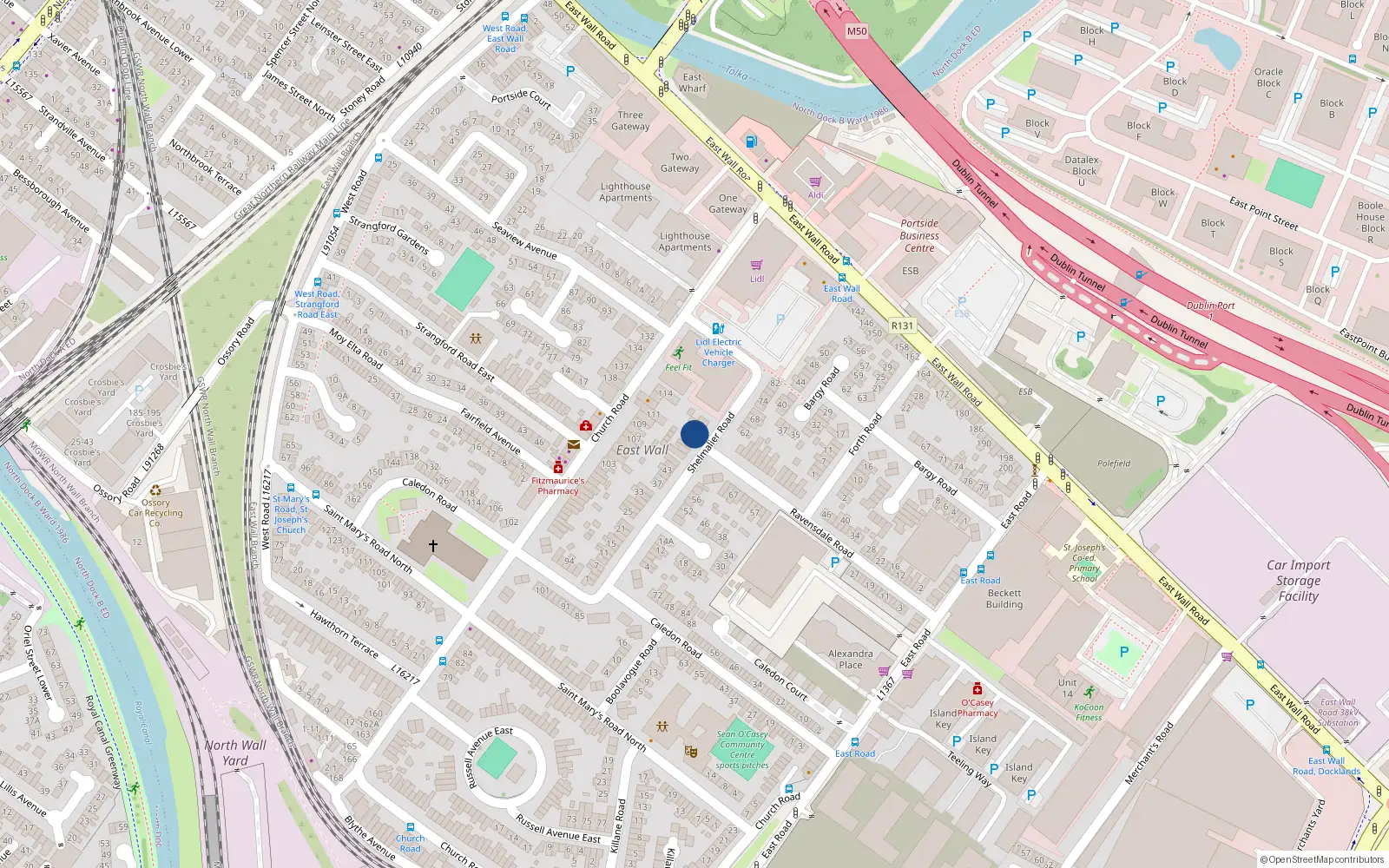 Overhead map showing the location of 57 Shelmallier Road, East Wall, Dublin 3