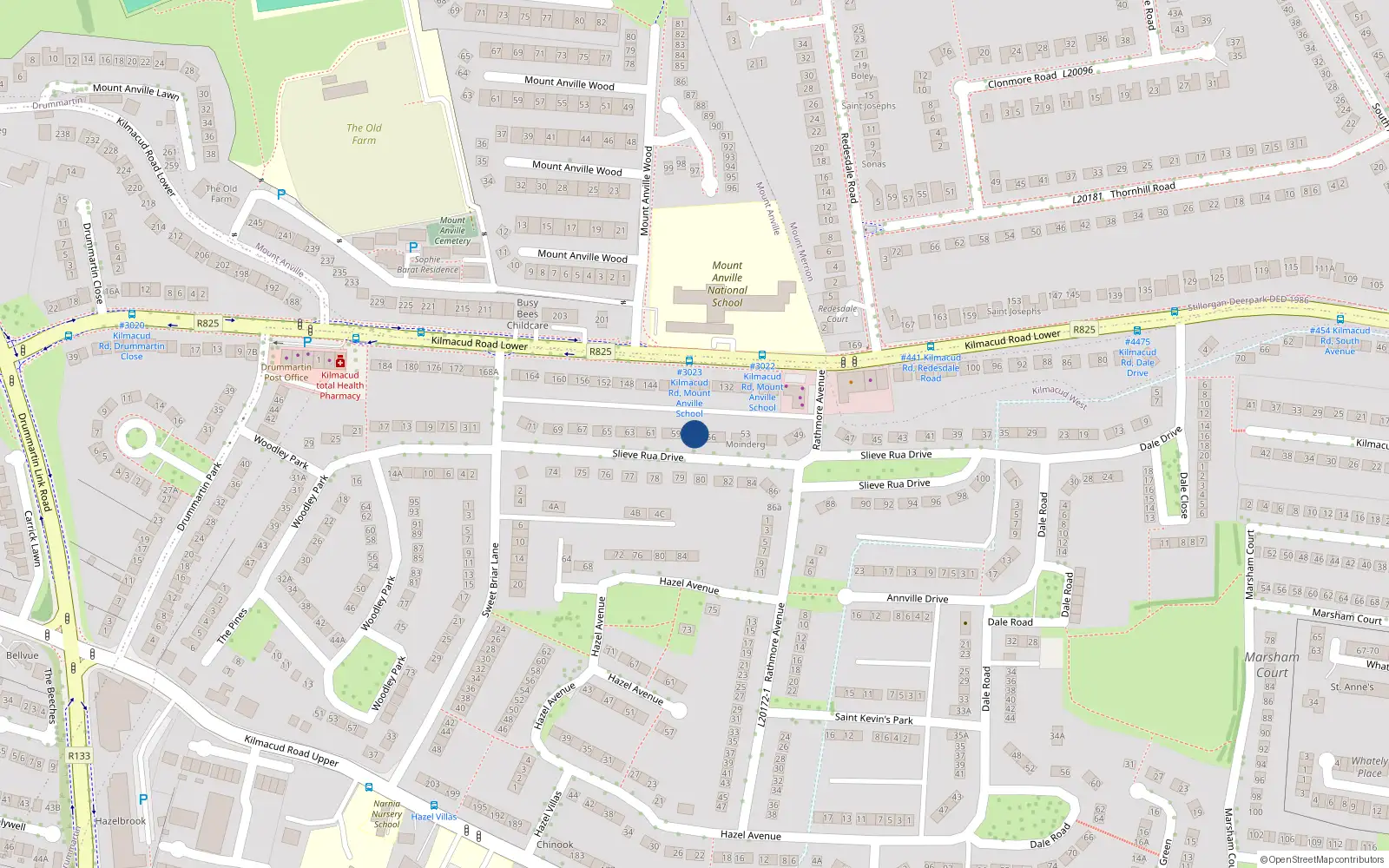 Overhead map showing the location of 57 Slieve Rua Drive, Blackrock