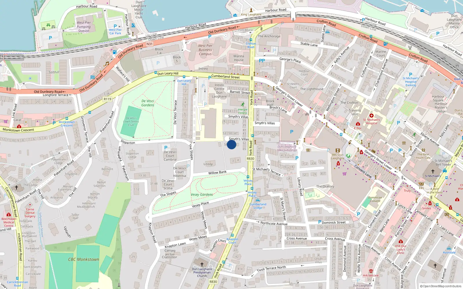 Overhead map showing the location of 57 Smyths Villas, York Road, Dun Laoghaire