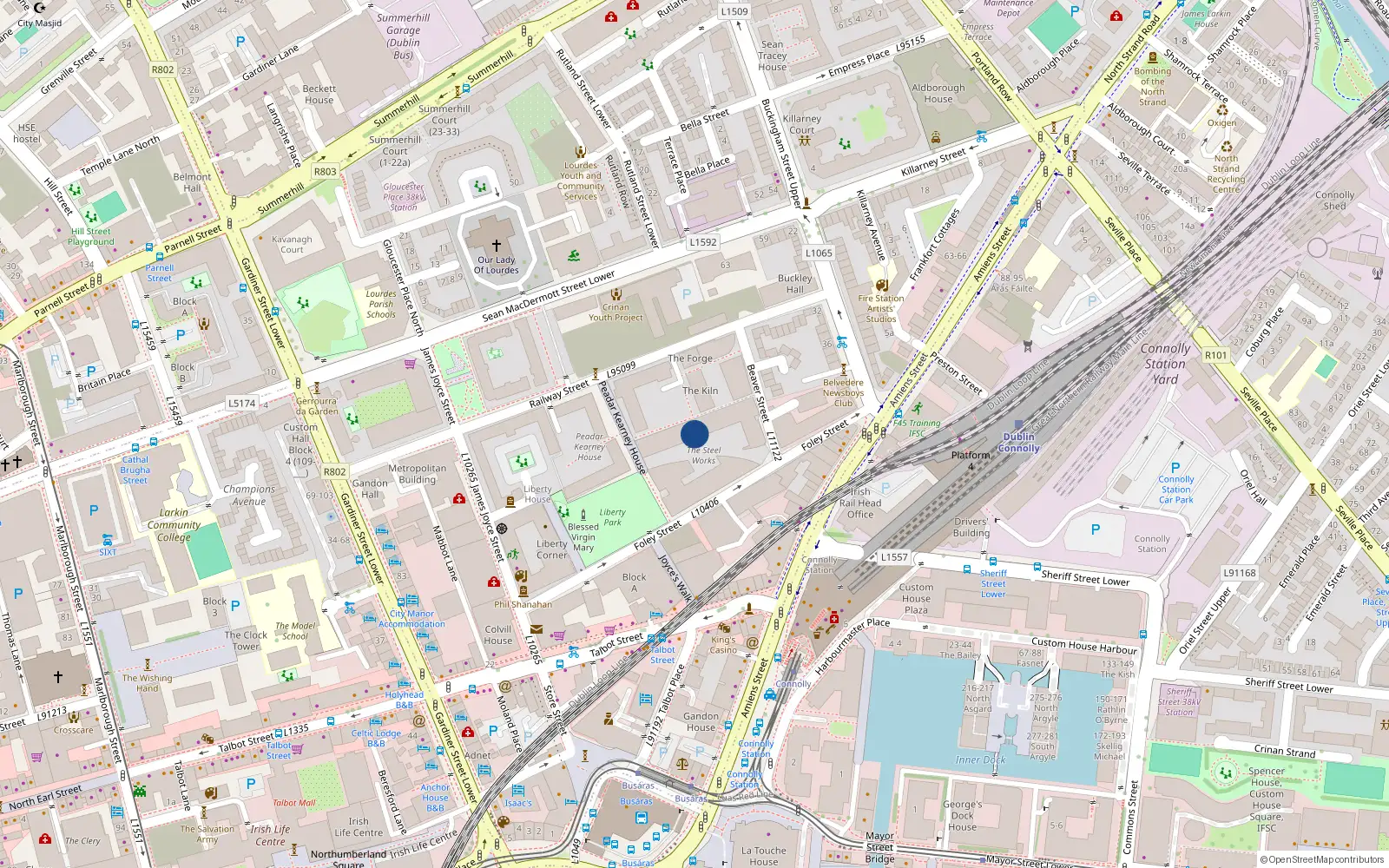 Overhead map showing the location of 57 Steelworks, Foley St, Dublin 1