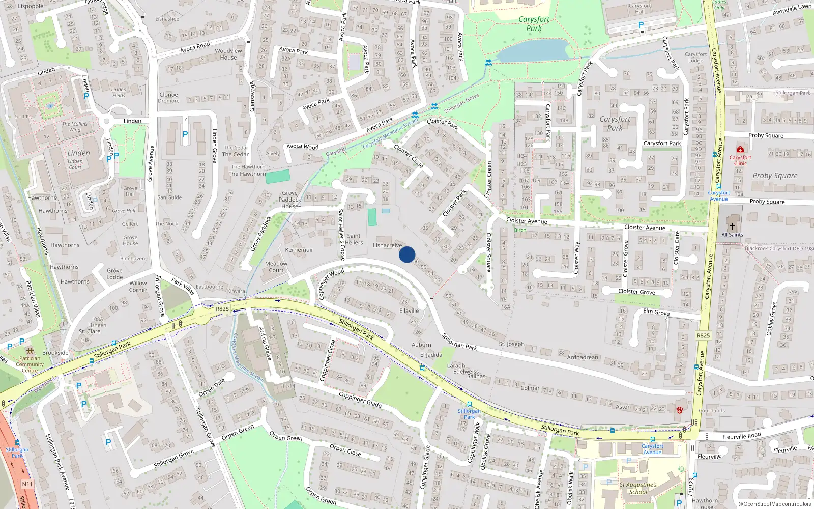 Overhead map showing the location of 57 Stillorgan Park, Blackrock, Dublin