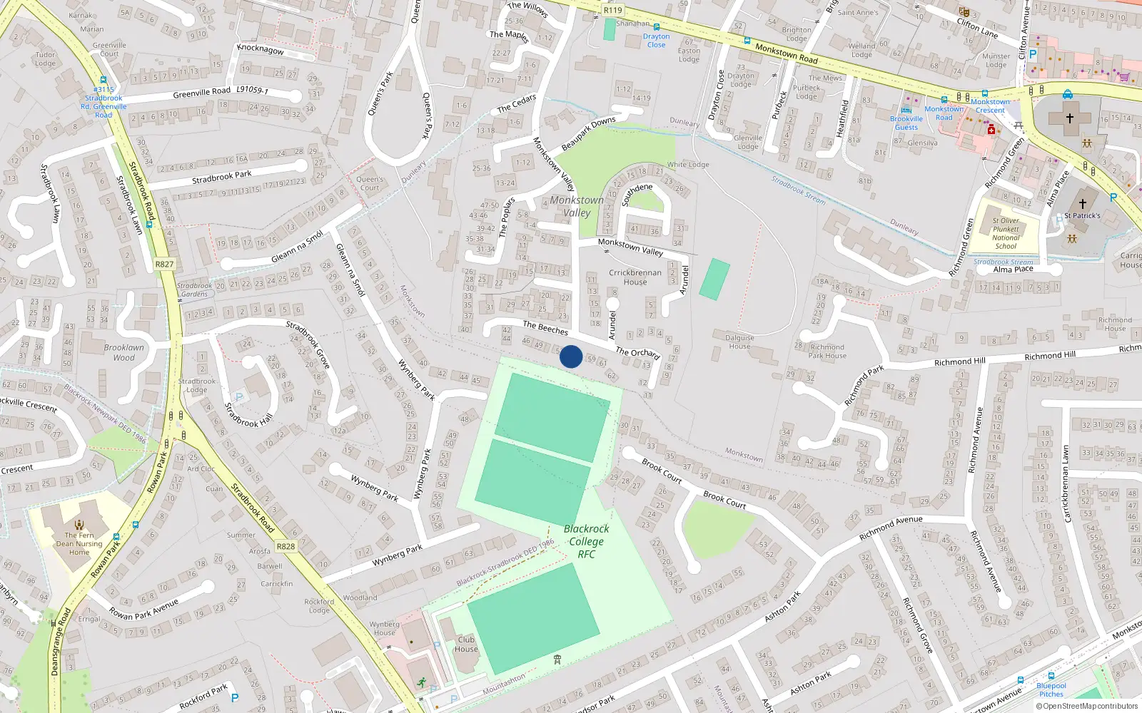 Overhead map showing the location of 57 The Beeches, Monkstown