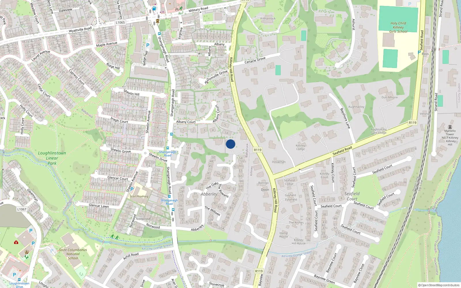 Overhead map showing the location of 57 The Larches, Killiney