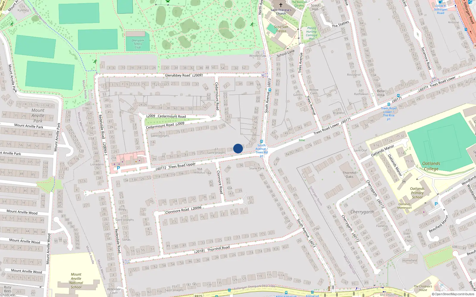 Overhead map showing the location of 57 Trees Road, Mount Merrion, Dublin