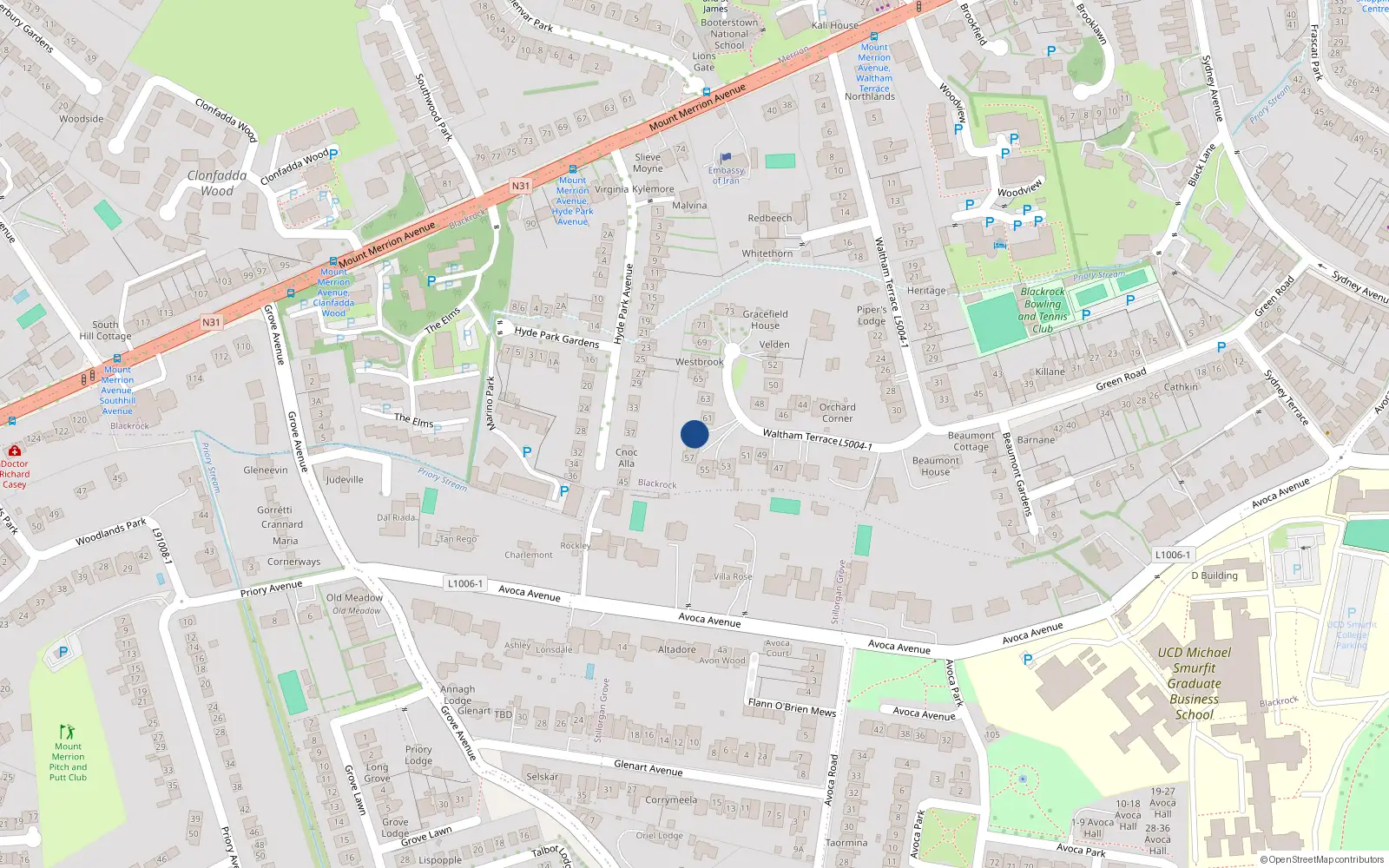 Overhead map showing the location of 57 Waltham Terrace, Blackrock