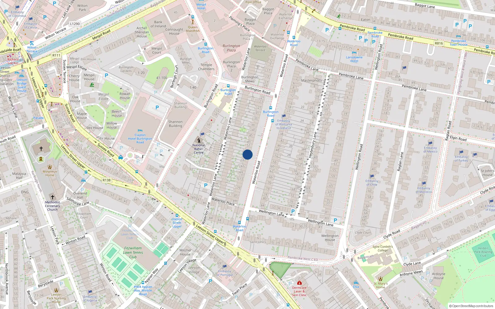 Overhead map showing the location of 57 Waterloo Road, Dublin
