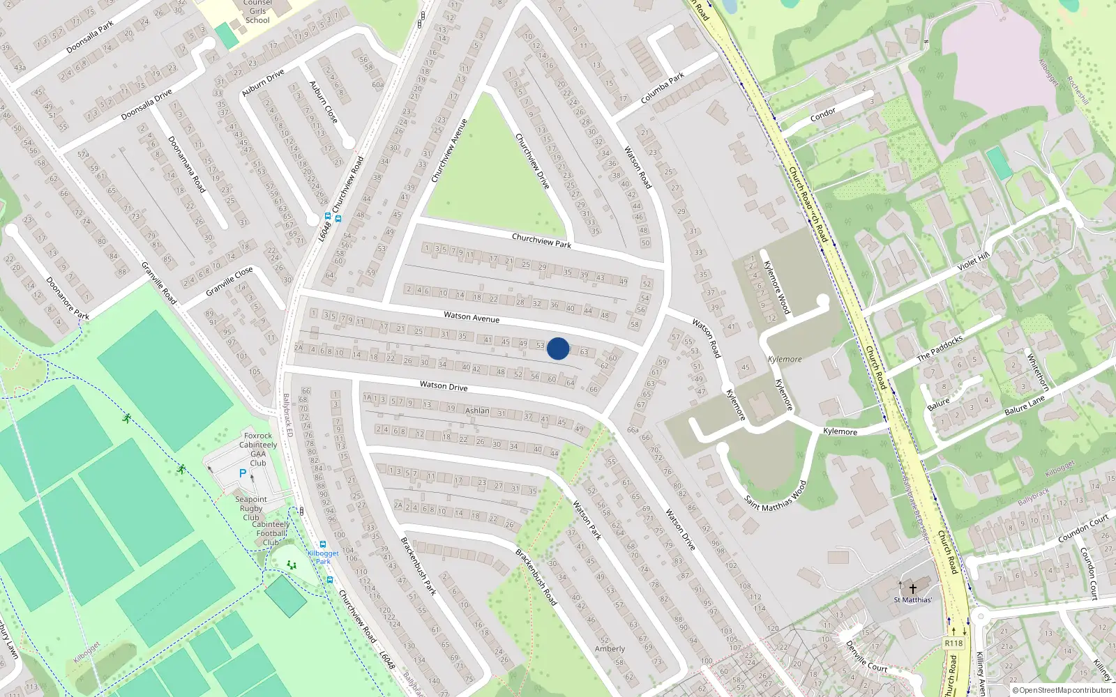 Overhead map showing the location of 57 Watson Avenue, Killiney, Dublin