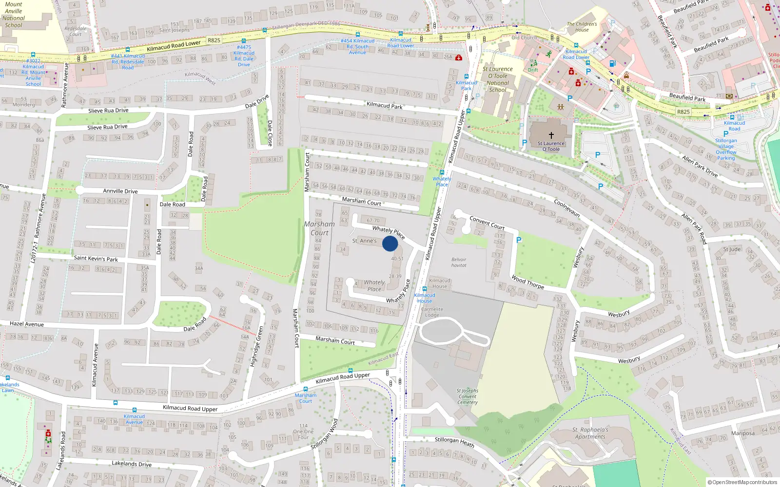 Overhead map showing the location of 57 Whatley Place, Kilmacud Road Upper, Stillorgan