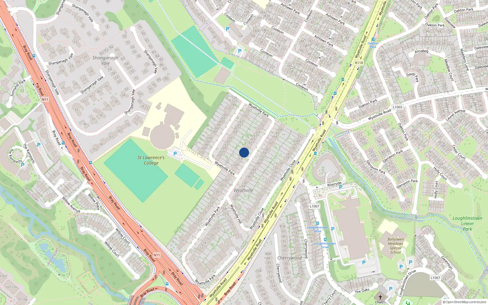 Overhead map showing the location of 57 Wyattville Park, Loughlinstown, Dun Laoghaire