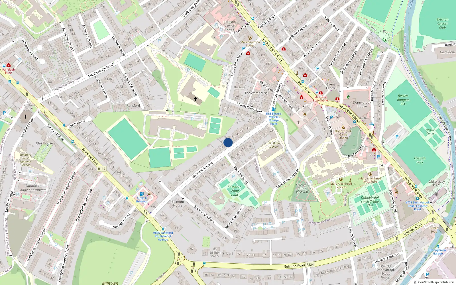 Overhead map showing the location of 57A Belmont Avenue, Donnybrook