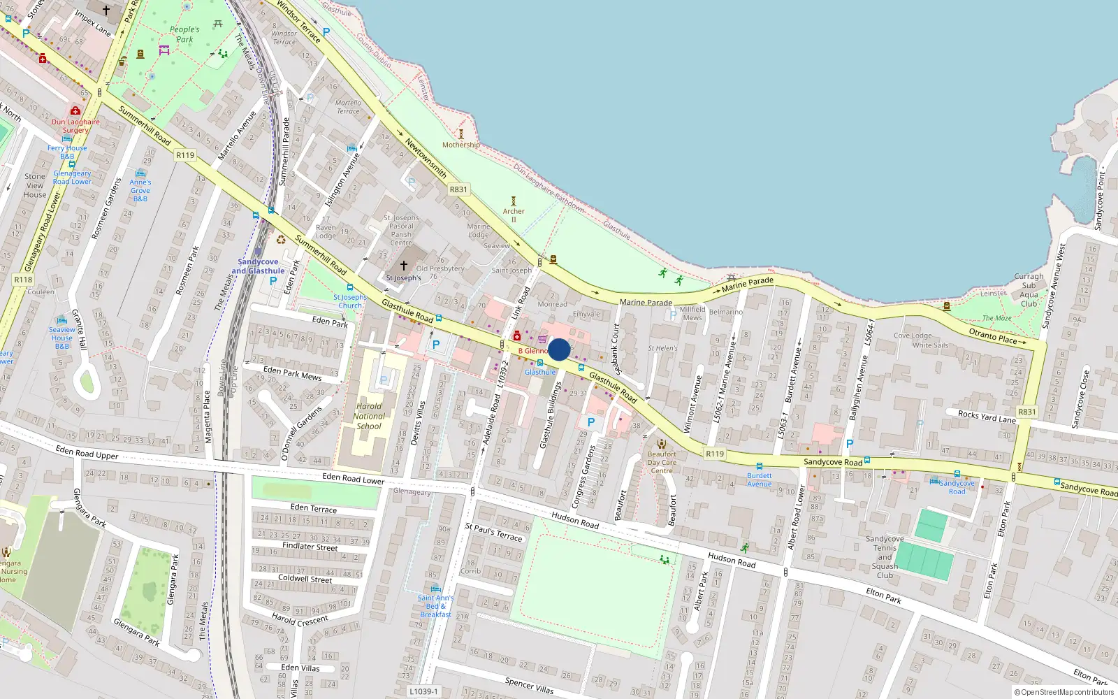 Overhead map showing the location of 57A Glasthule Road, Dublin