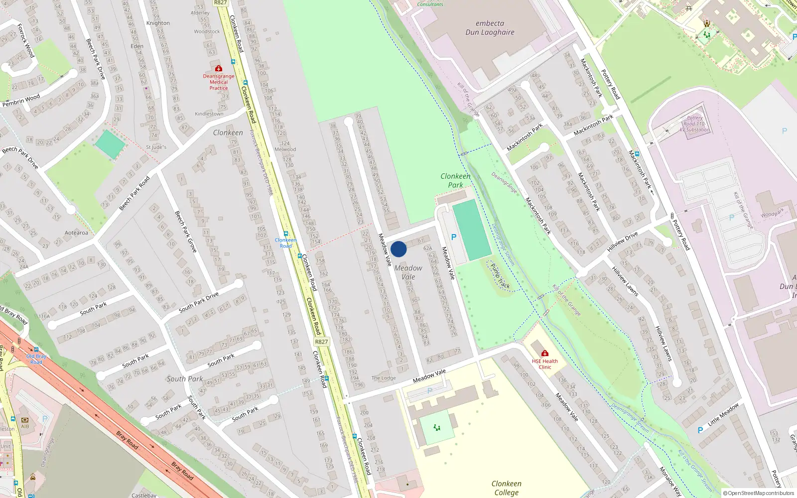 Overhead map showing the location of 57 Meadow Vale, Blackrock