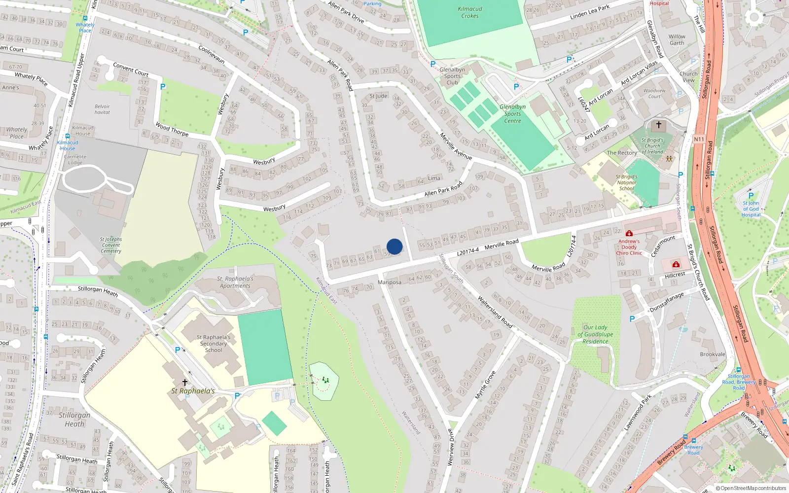 Overhead map showing the location of 57B Merville Road, Dublin