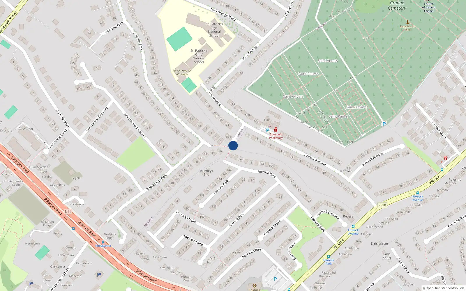 Overhead map showing the location of 57 Foxrock Avenue, Dublin