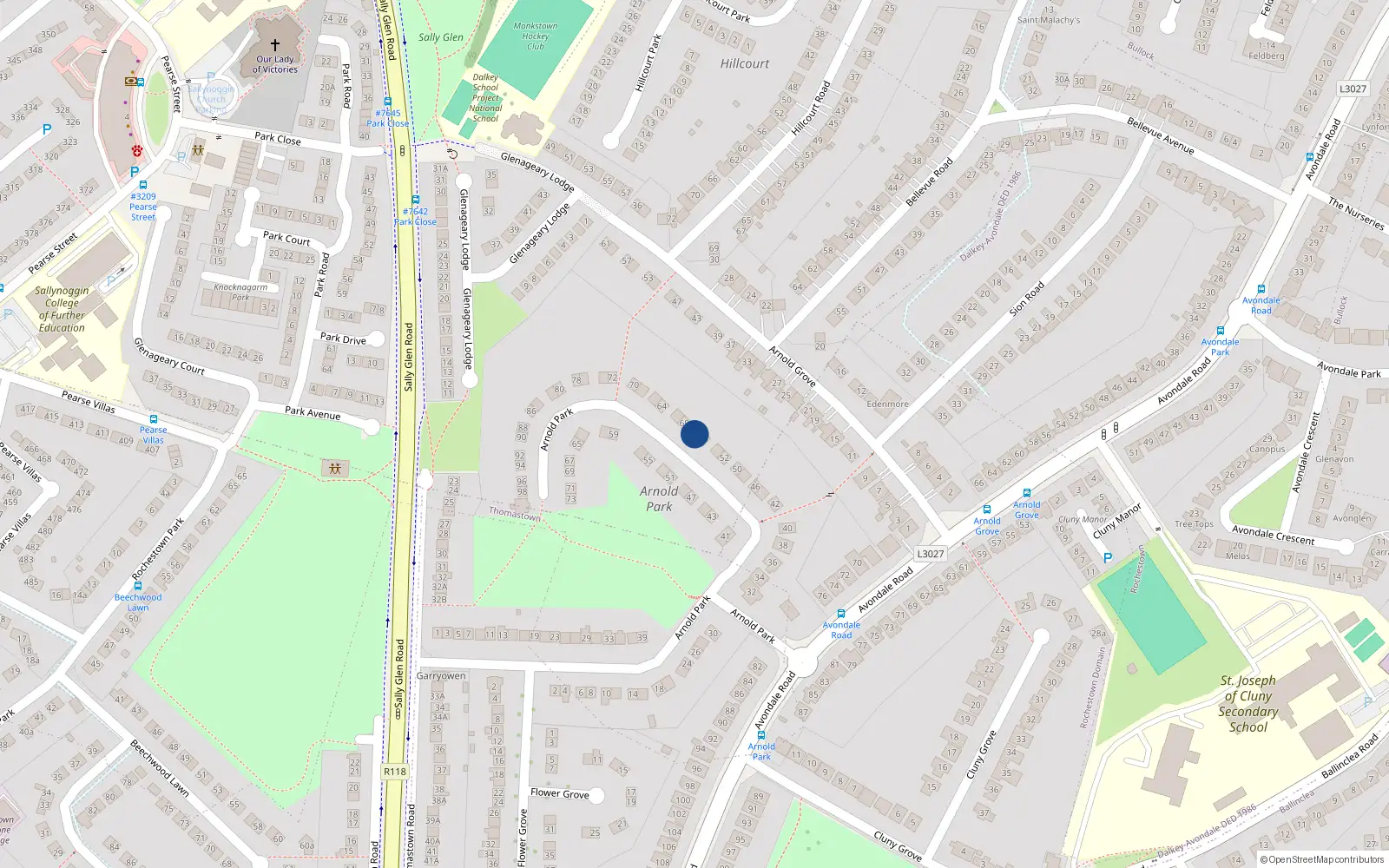 Overhead map showing the location of 58 Arnold Park, Glenageary, Dublin