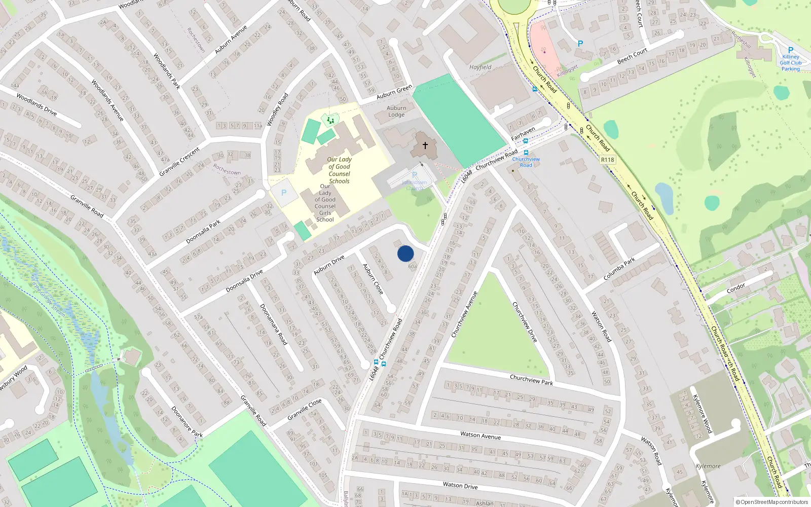 Overhead map showing the location of 58 Auburn Road, Killiney, Dublin