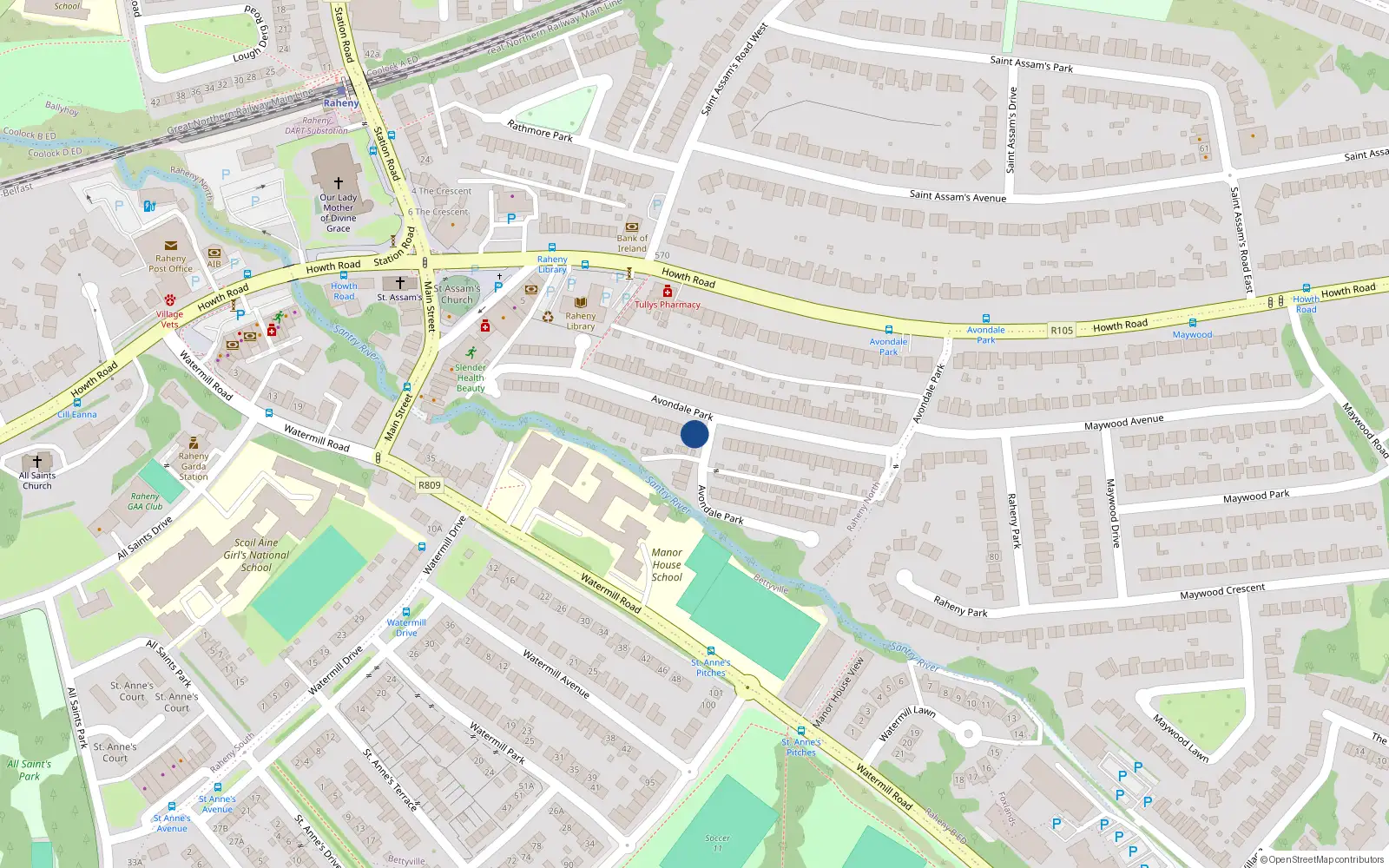 Overhead map showing the location of 58 Avondale Park, Raheny, Dublin 5