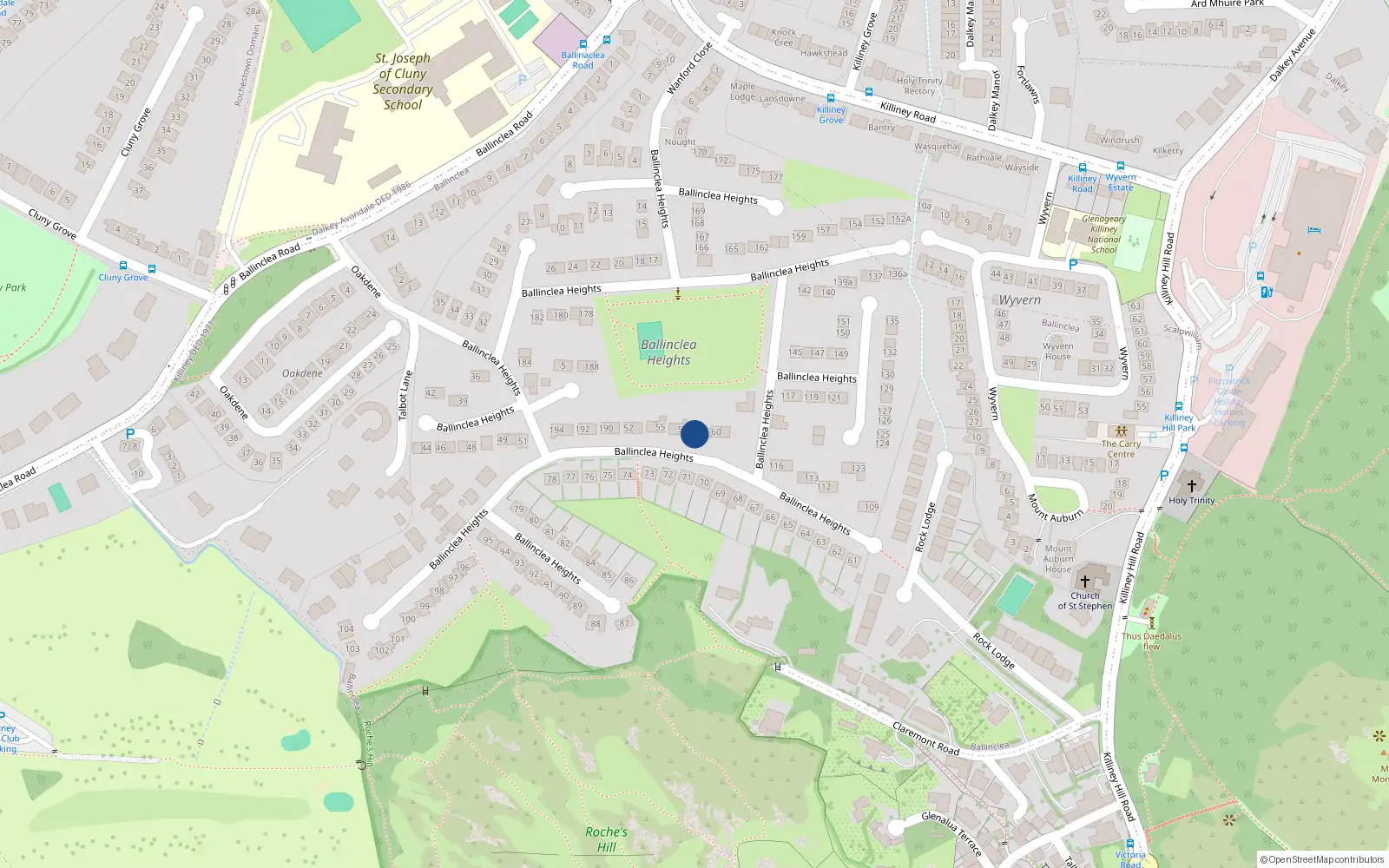 Overhead map showing the location of 58 Ballinclea Heights, Killiney, Dublin