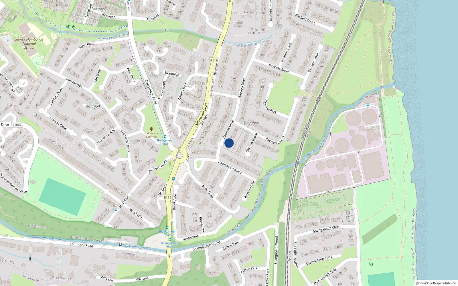 Overhead map showing the location of 58 Bayview Drive, Killiney, Dublin