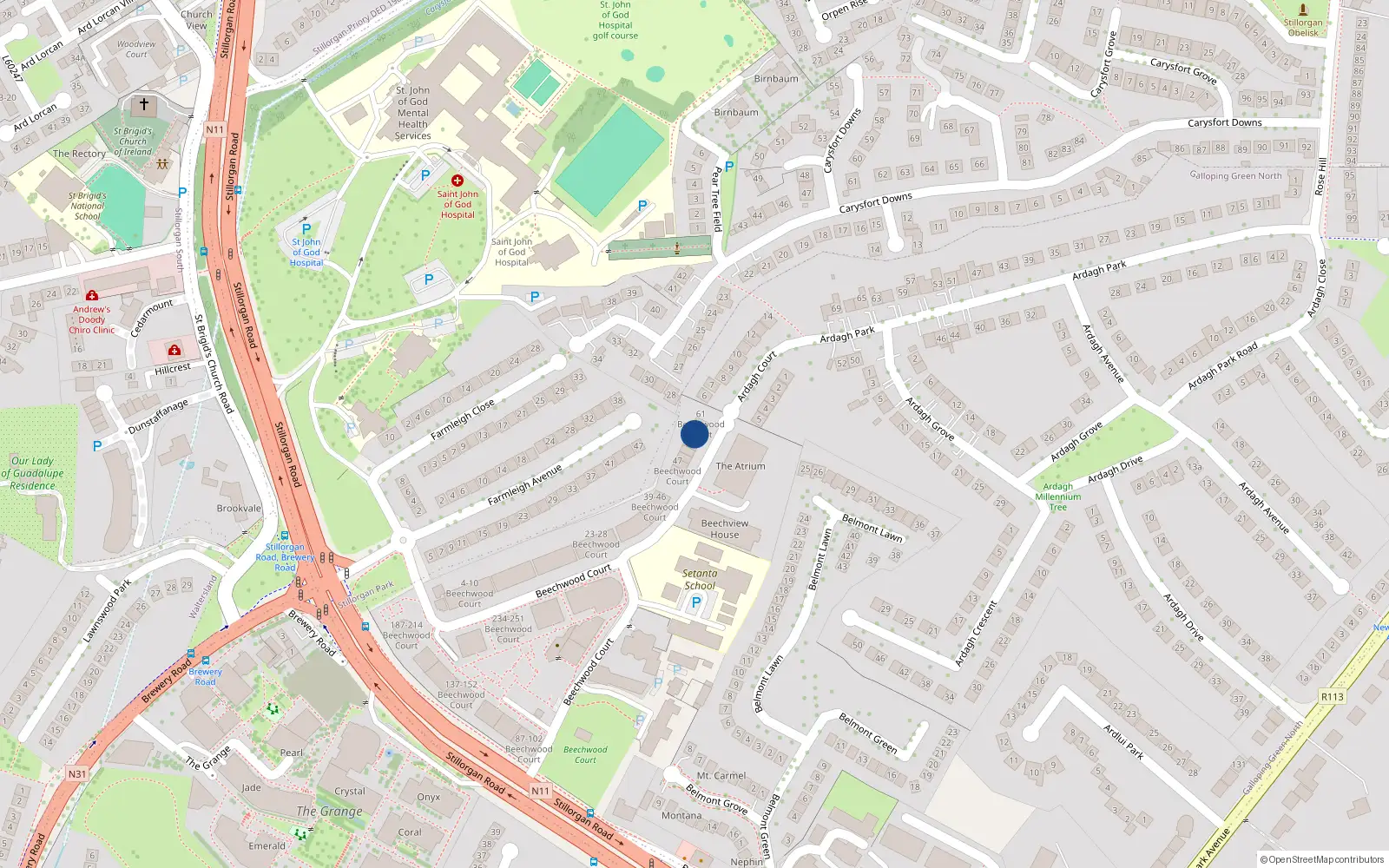 Overhead map showing the location of 58 Beechwood Court, Stillorgan, Dublin