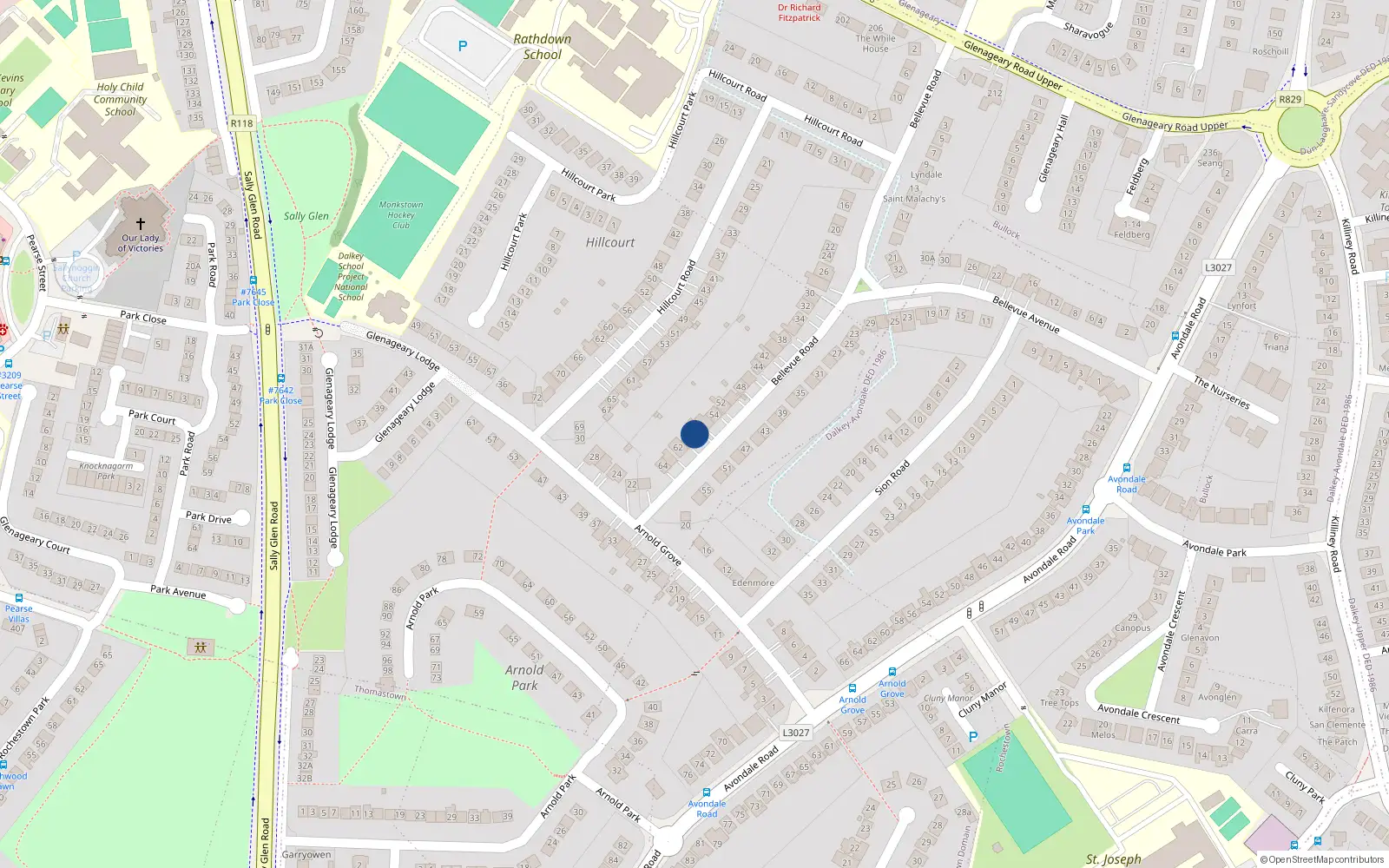 Overhead map showing the location of 58 Bellevue Road, Glenageary, Co Dublin