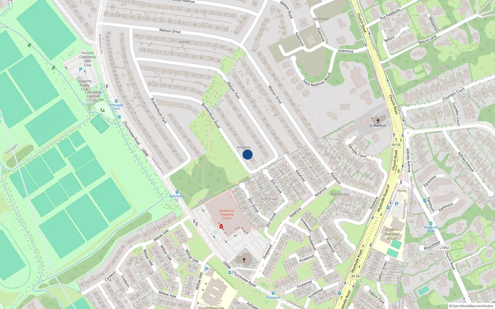 Overhead map showing the location of 58 Brackenbush Road, Killiney