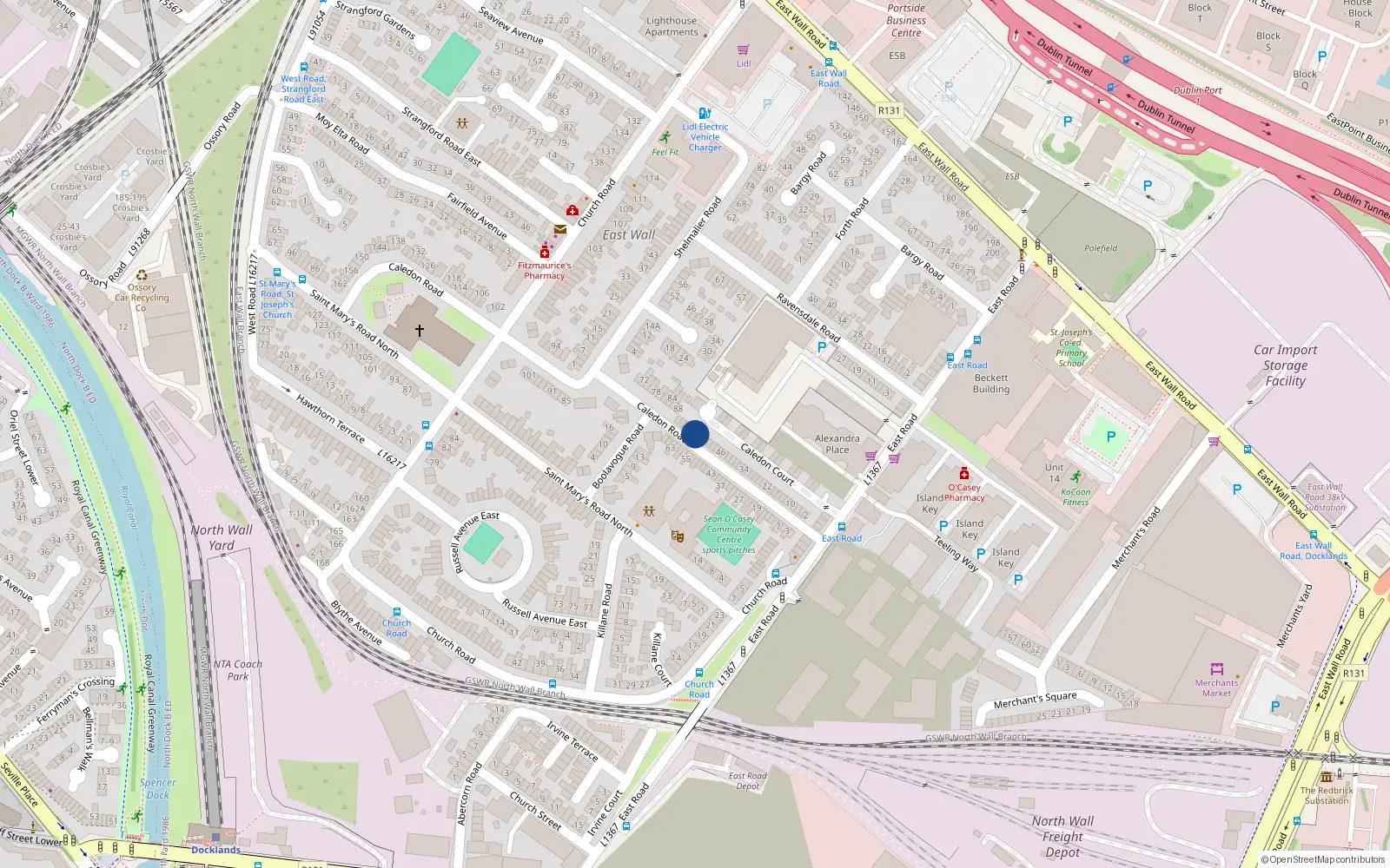 Overhead map showing the location of 58 Caledon Road, East Wall, Dublin 3