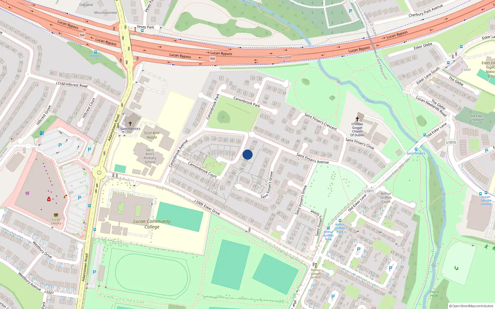 Overhead map showing the location of 58 Cannonbrook Court, Lucan, Dublin