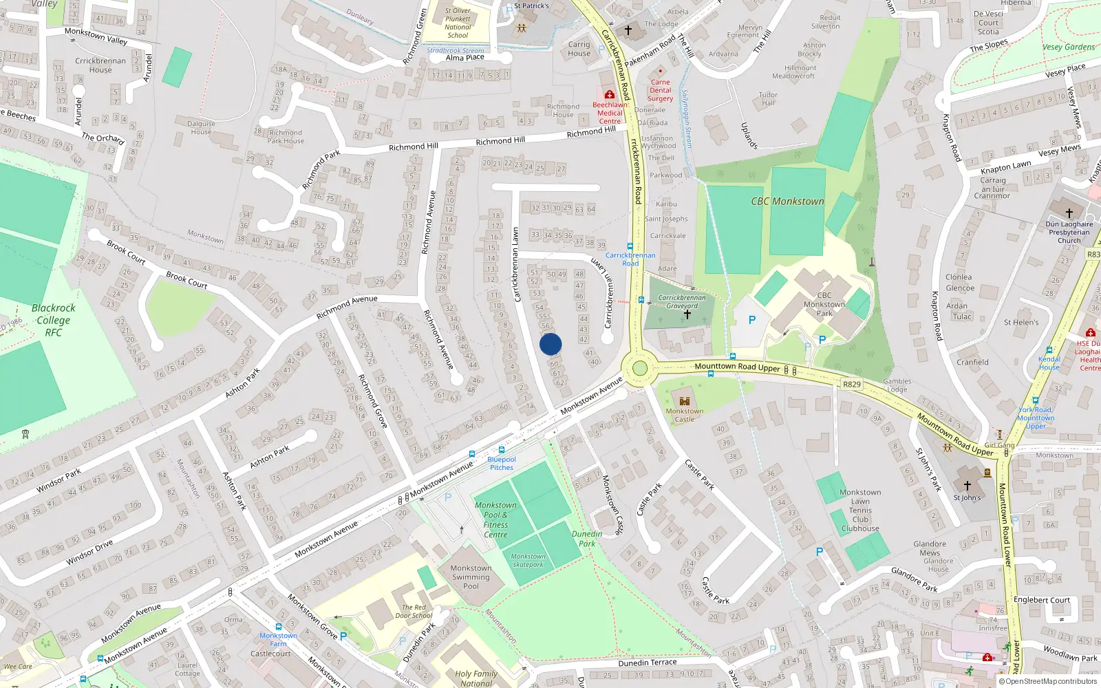 Overhead map showing the location of 58 Carrickbrennan Lawn, Monkstown, Blackrock