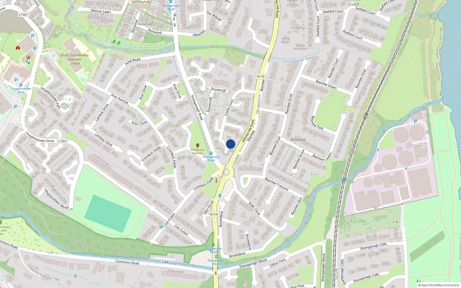 Overhead map showing the location of 58 Castle Court, Killiney