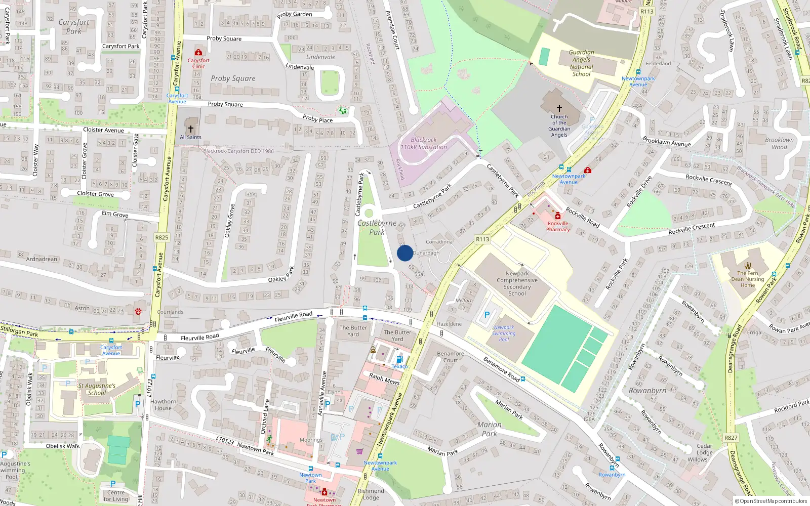 Overhead map showing the location of 58 Castlebyrne Park, Blackrock