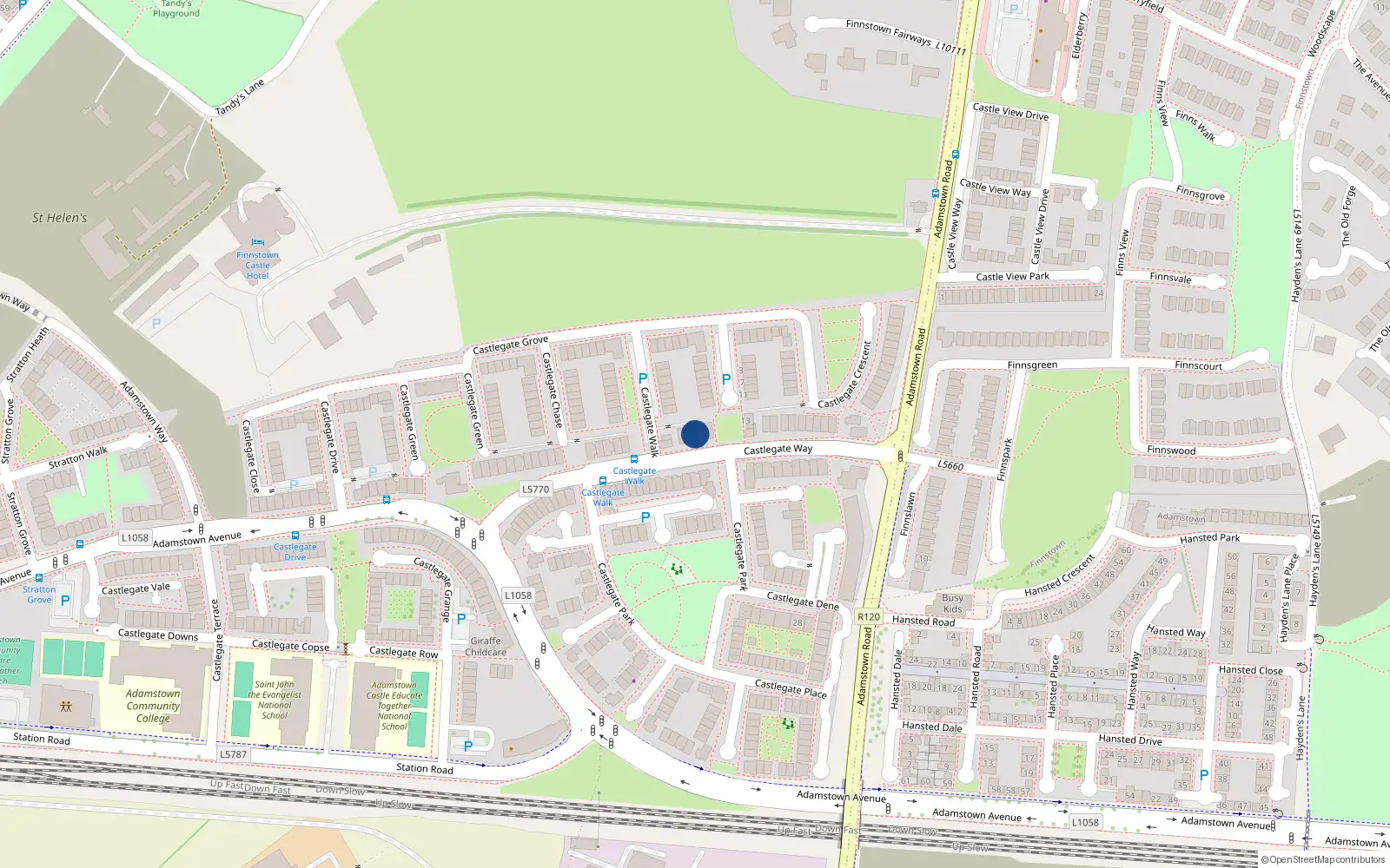 Overhead map showing the location of 58 Castlegate Way, Adamstown, Lucan