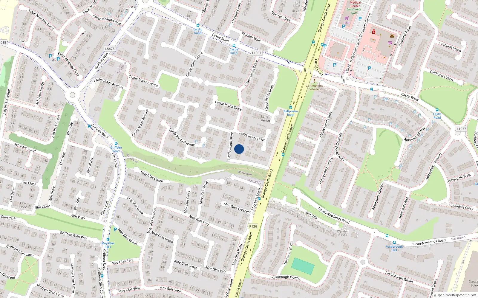 Overhead map showing the location of 58 Castleriada Drive, Lucan, Dublin