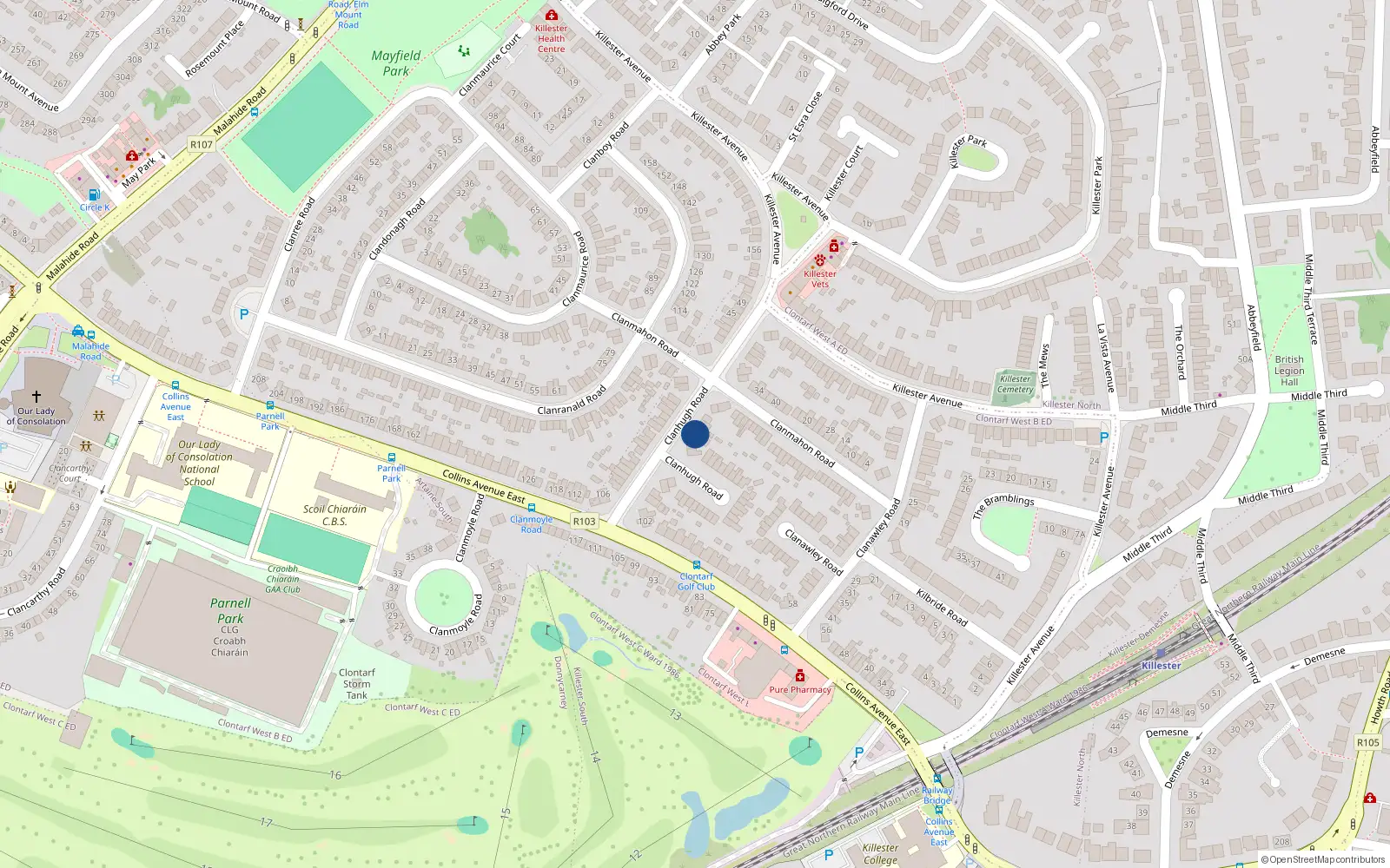 Overhead map showing the location of 58 Clanhugh Road, Dublin 5