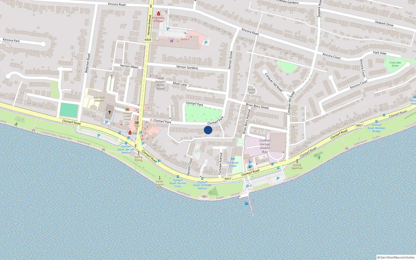 Overhead map showing the location of 58 Clontarf Park, Dublin 3