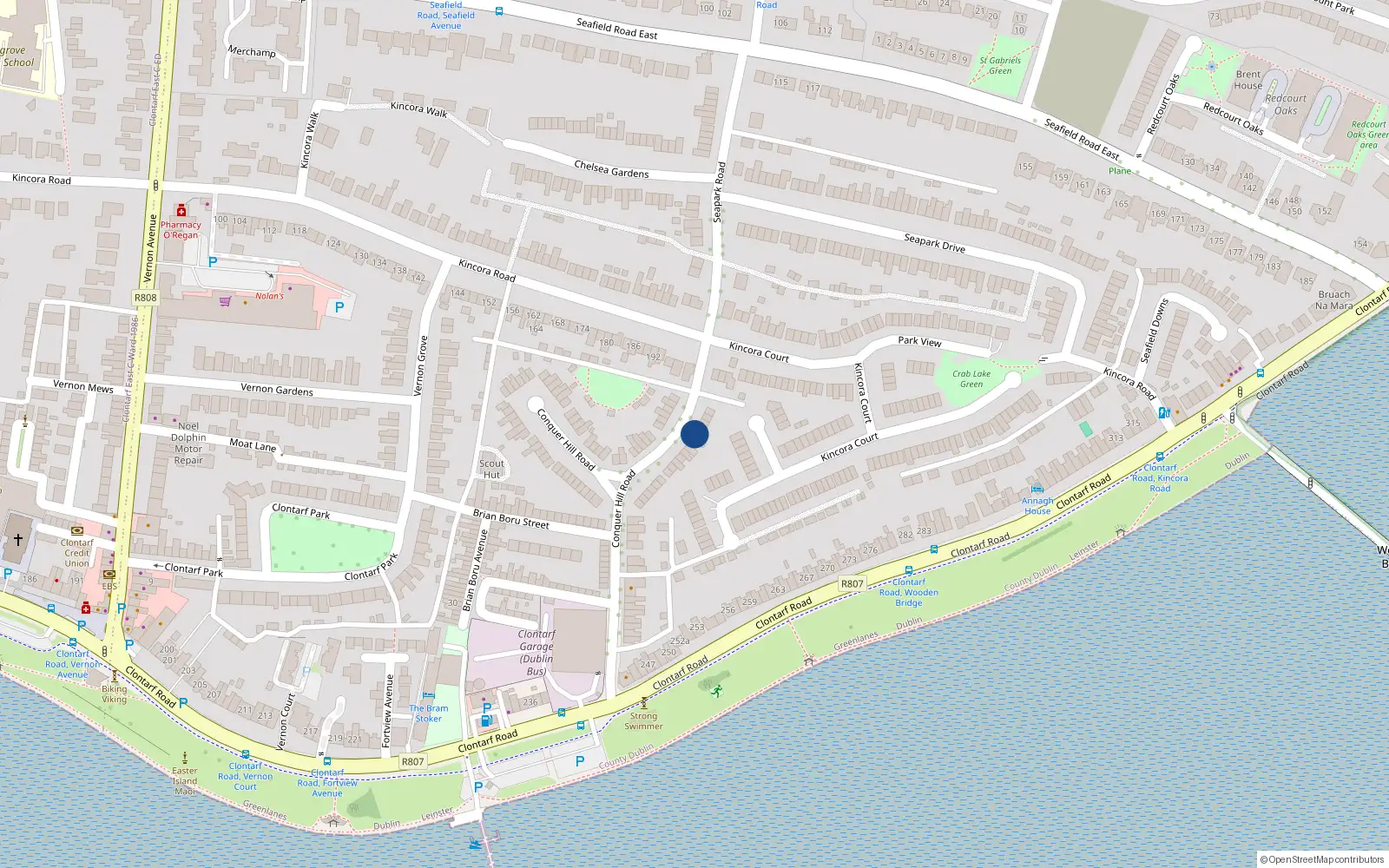 Overhead map showing the location of 58 Conquer Hill Road, Clontarf, Dublin 3