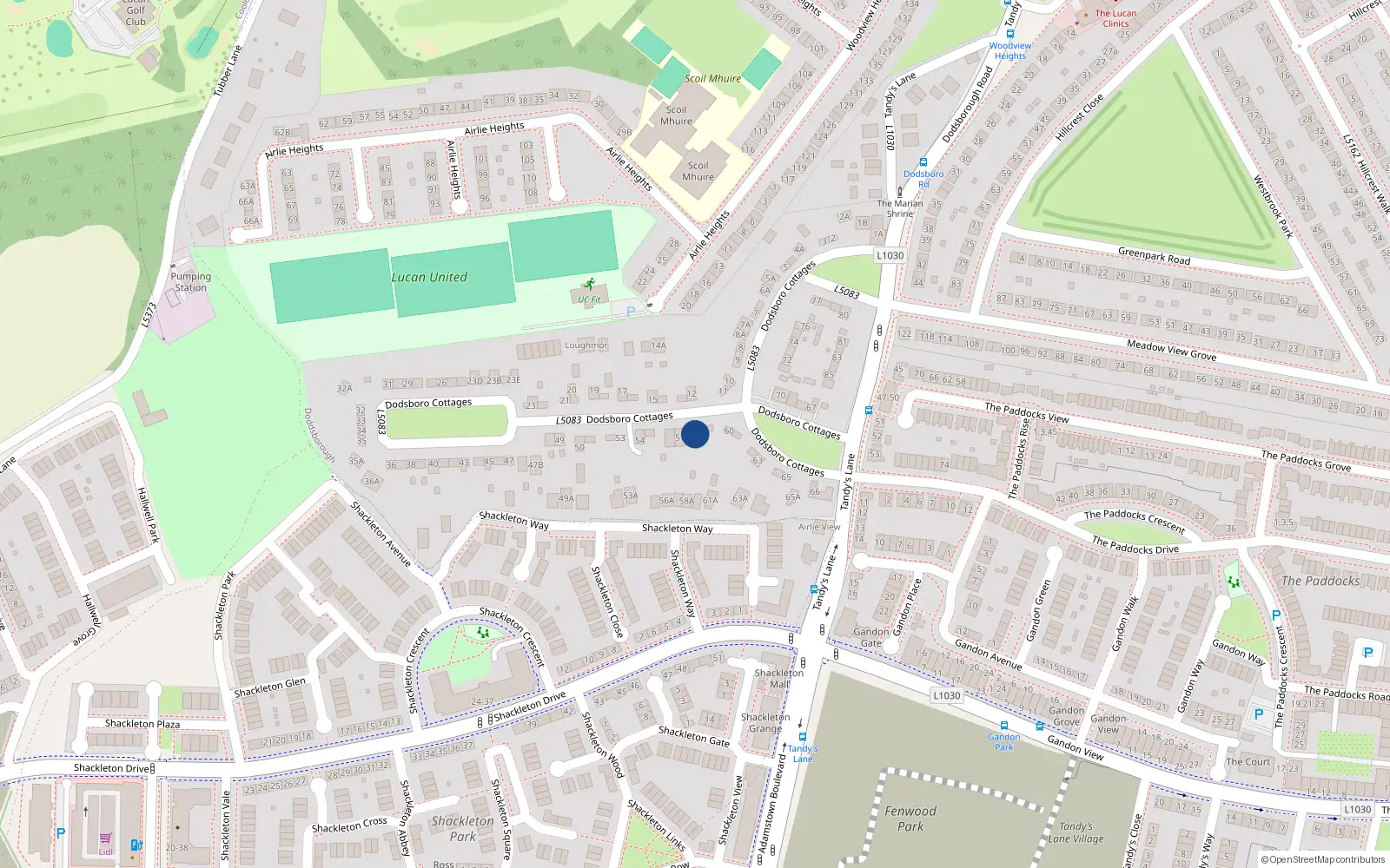 Overhead map showing the location of 58 Dodsborough Cottages, Lucan