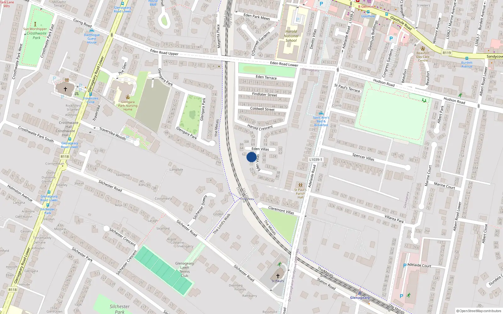Overhead map showing the location of 58 Eden Villas, Glasthule, Dublin