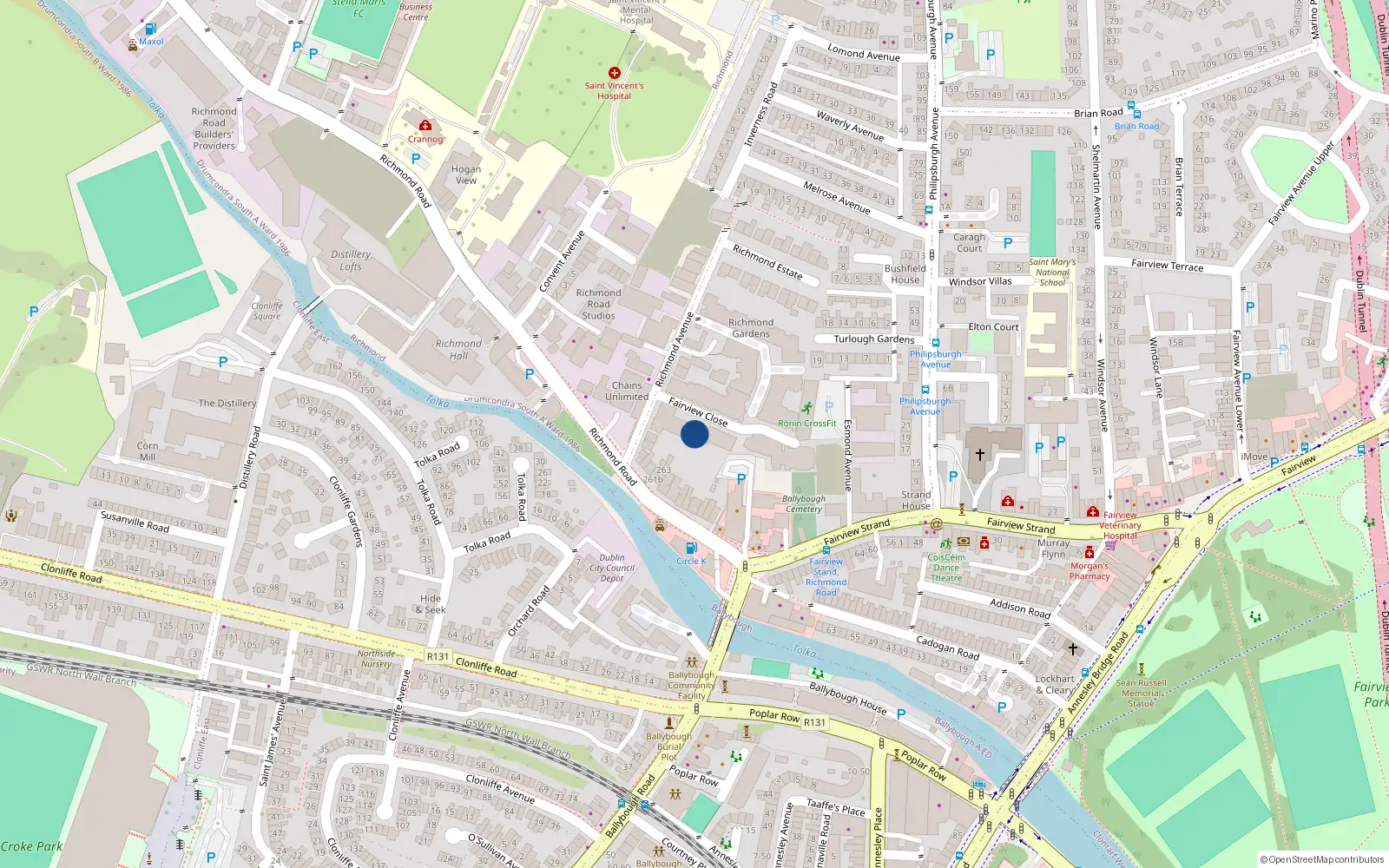 Overhead map showing the location of 58 Fairview Close, Richmond Avenue, Fairview Dublin 3