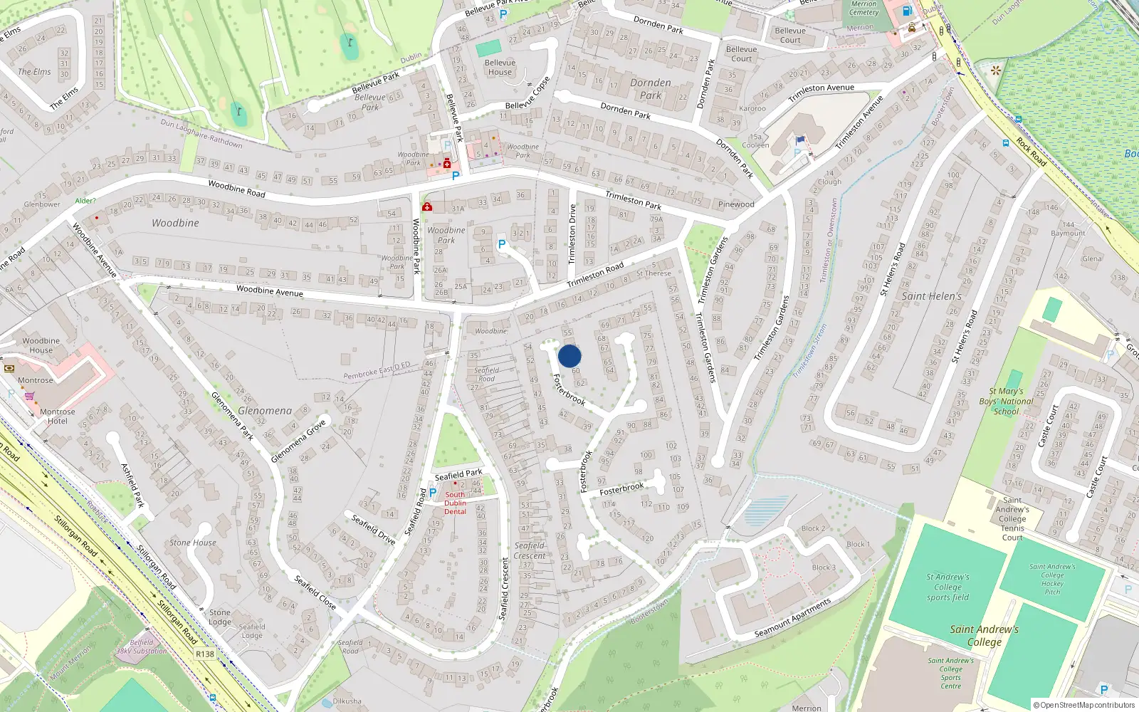 Overhead map showing the location of 58 Fosterbrook, Stillorgan, Dublin