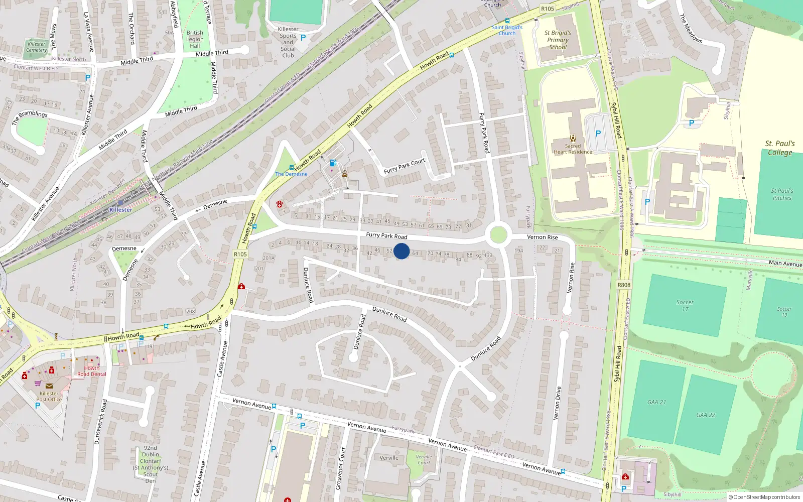 Overhead map showing the location of 58 Furry Park Road, Killester, Dublin 5, D05 Xe35