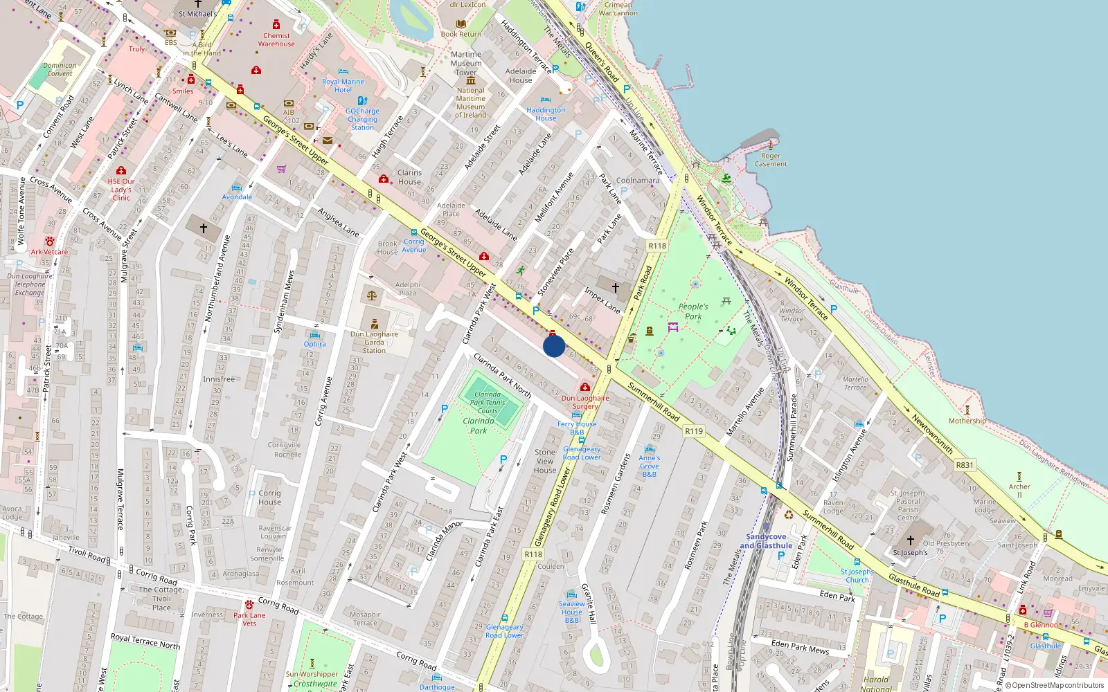 Overhead map showing the location of 58 George's Street Upper, Dublin