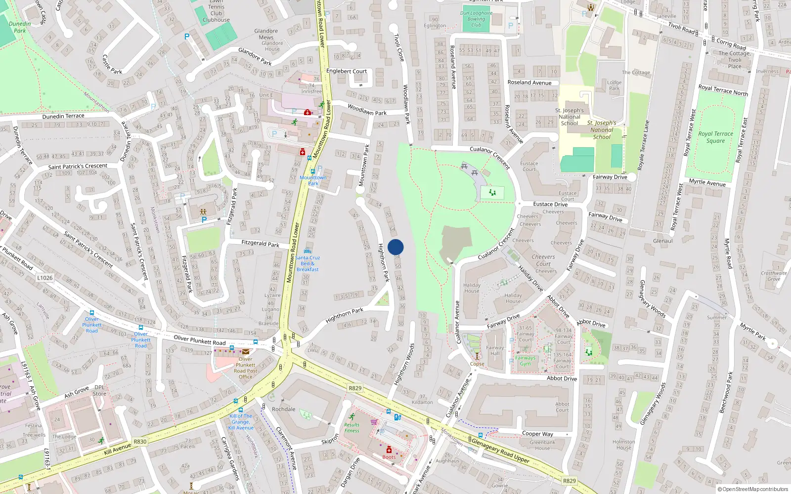 Overhead map showing the location of 58 Hightorn Park, Mounttown, Dun Laoghaire