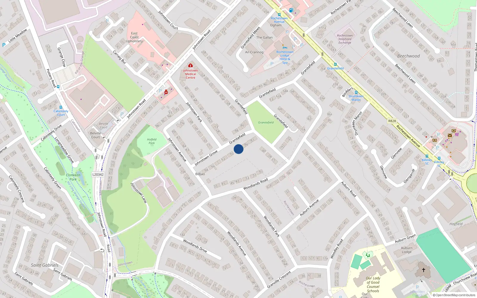 Overhead map showing the location of 58 Johnstown Grove, Dublin