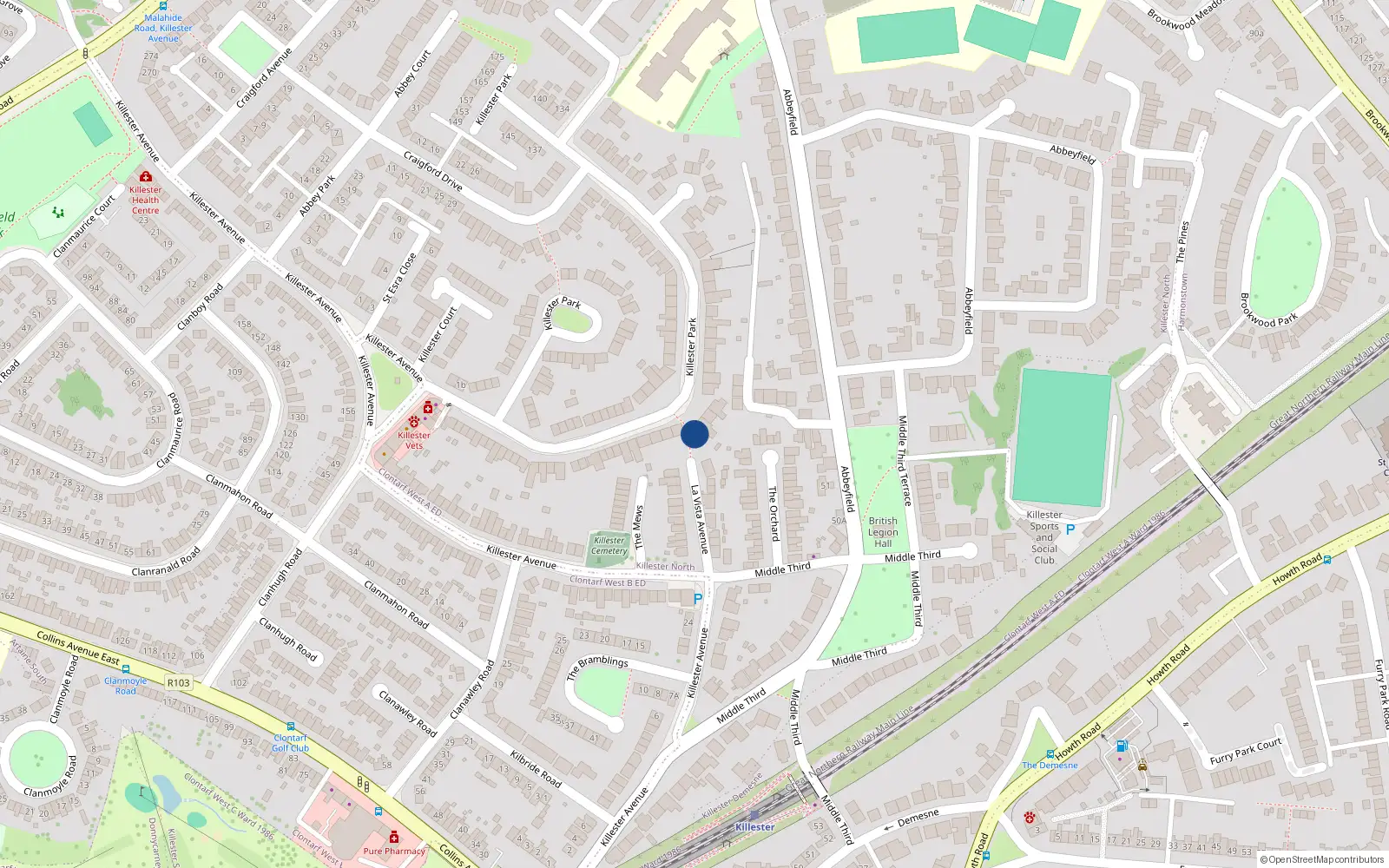 Overhead map showing the location of 58 Killester Park, Dublin 5, Dublin