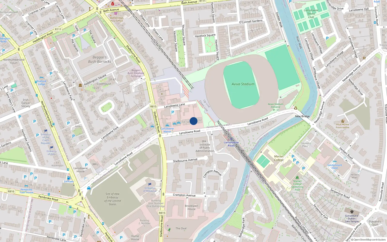 Overhead map showing the location of 58 Lansdowne Road, Dublin 4