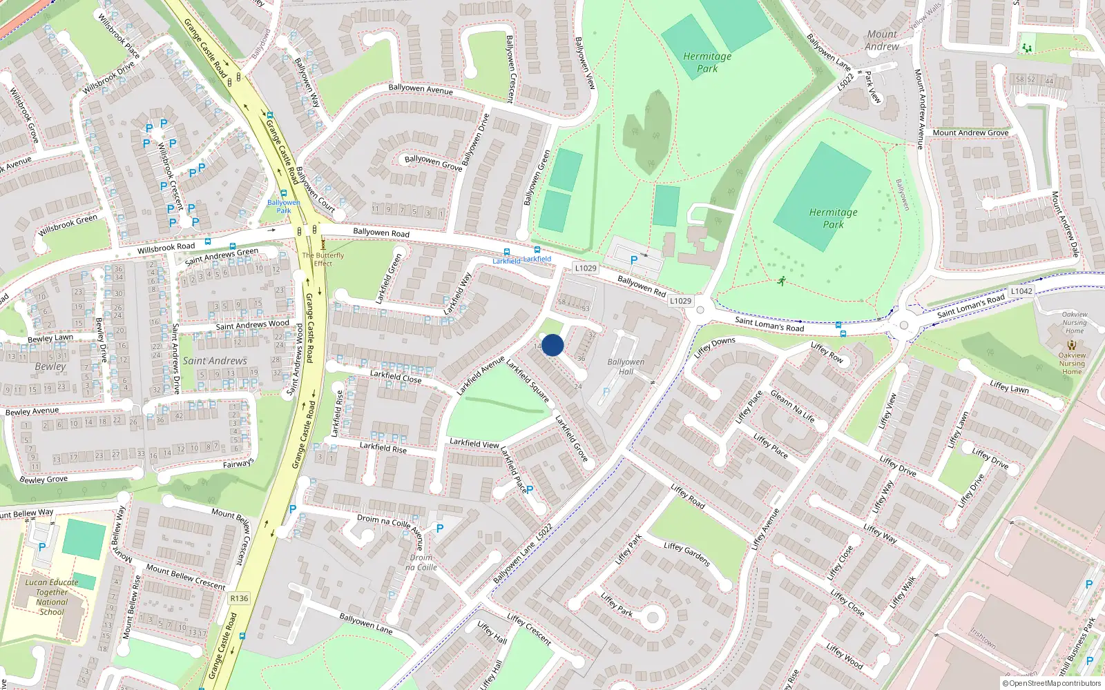 Overhead map showing the location of 58 Larkfield Square, Lucan