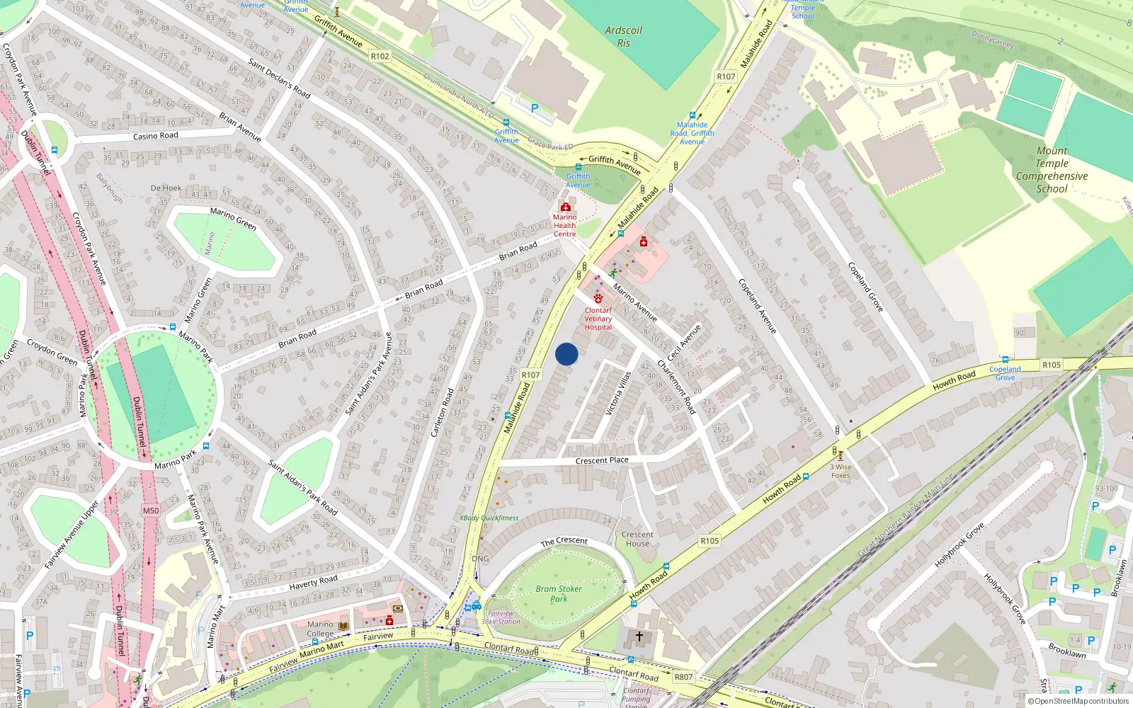 Overhead map showing the location of 58 Malahide Road, Clontarf, Dublin 3