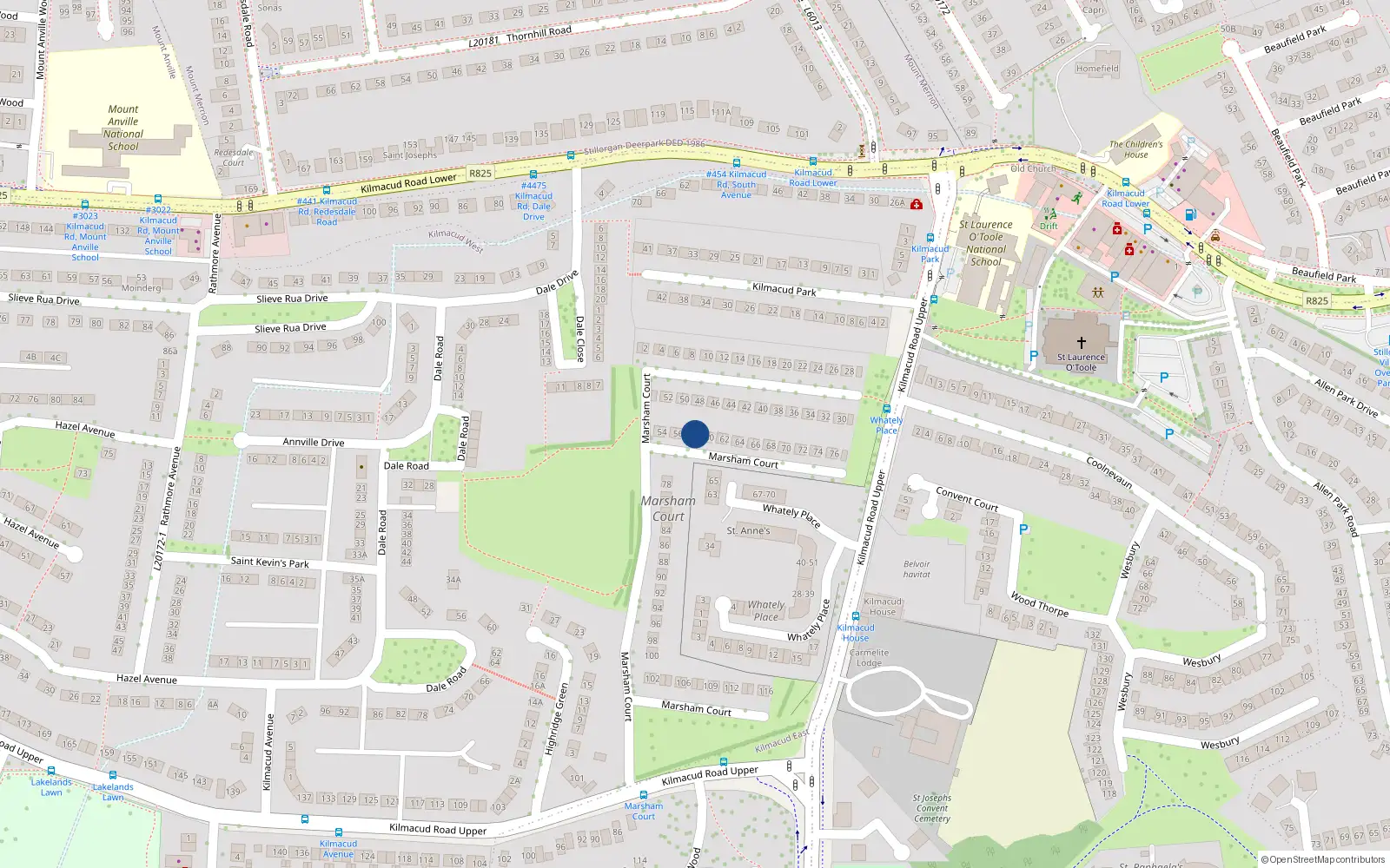 Overhead map showing the location of 58 Marsham Court, Stillorgan